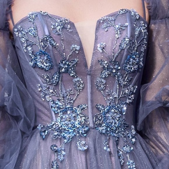 SMOKY BLUE PROM PARTY EVENING PUFFY SLEEVES BALL GOWN Open Back LONG Dress CD709 - Picture 6 of 7